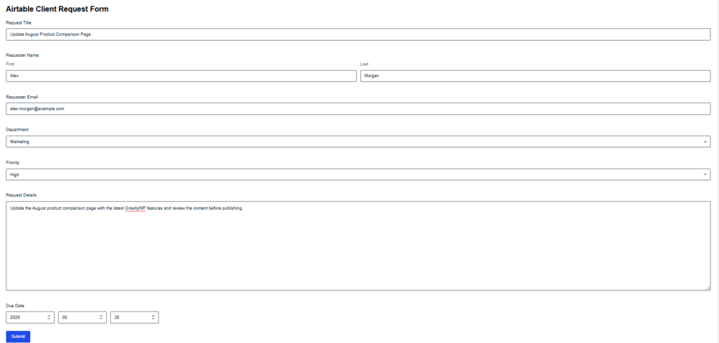 Gravity Forms Airtable client request form with requester, department, priority, details, and due date fields