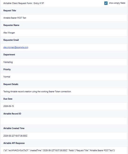 Gravity Forms Airtable test entry showing Airtable Created Time and full API response after the first successful POST request