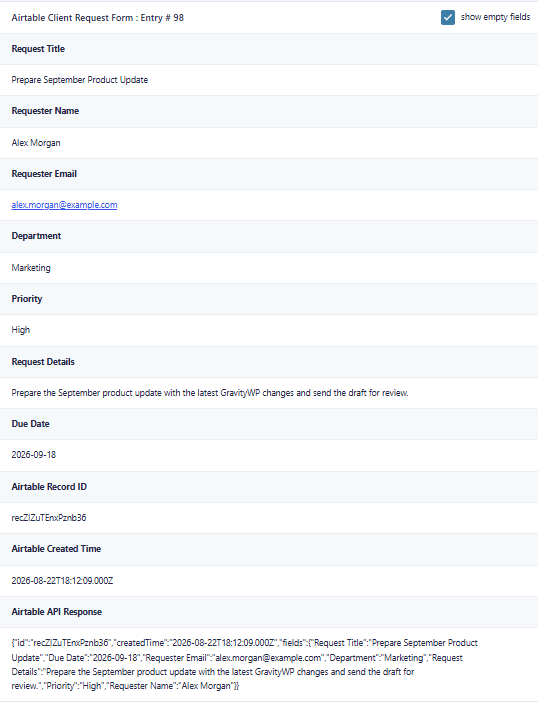 Successful Gravity Forms Airtable integration entry with Airtable Record ID, Created Time, and API response
