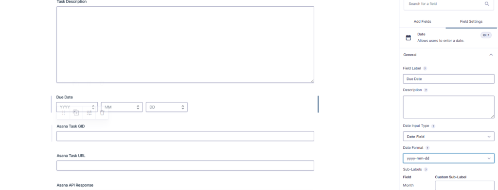 Gravity Forms Due Date field configured with yyyy-mm-dd format for Asana