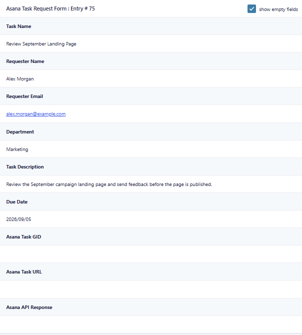 Failed Gravity Forms Asana task submission with empty Task GID and task URL after invalid date format