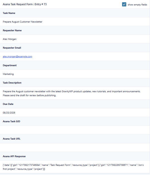 Gravity Forms entry showing Asana Project GID for the Task Request Form project