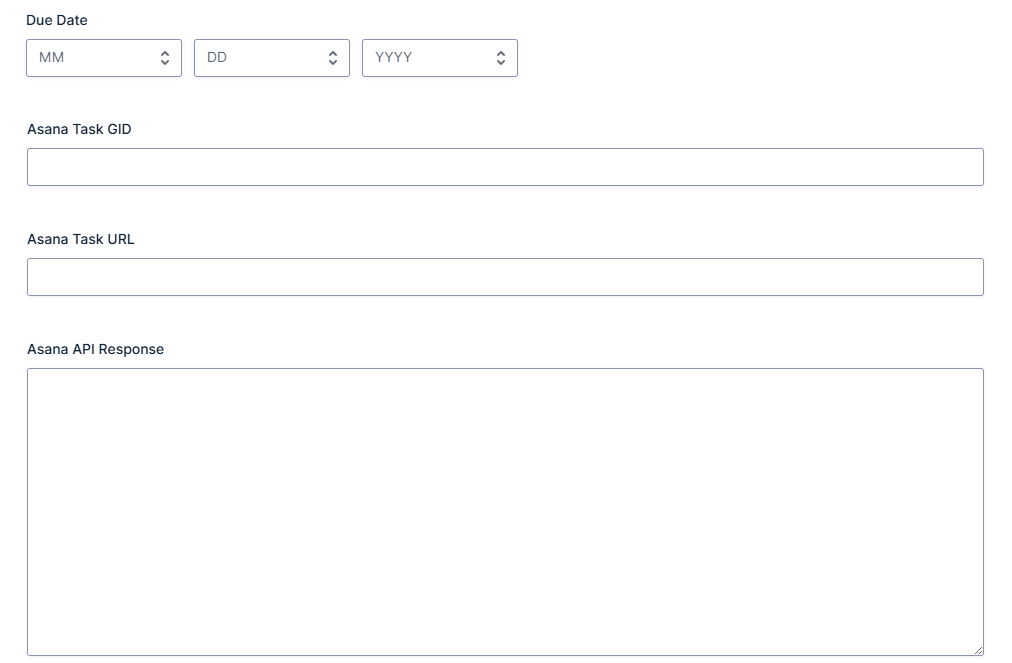 Gravity Forms fields for storing Asana Task GID, task URL, and API response