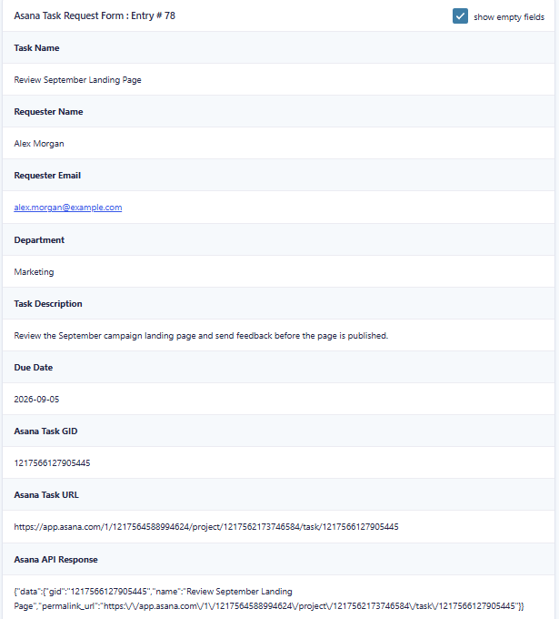 Successful Gravity Forms Asana integration entry with Task GID, task URL, and API response