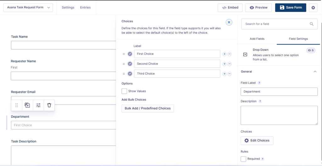 Gravity Forms Asana integration task request form with requester, department, and task fields
