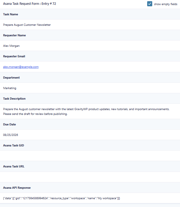Gravity Forms entry showing Asana Workspace GID returned by the API