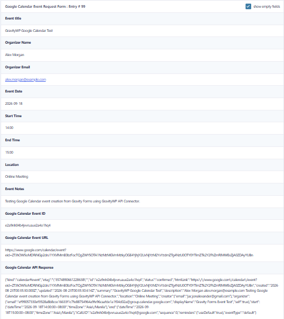 Gravity Forms entry showing the returned Google Calendar Event ID, Event URL, and API response.