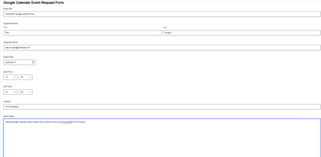 Gravity Forms Google Calendar test submission with event title, date, time, location, and event notes.