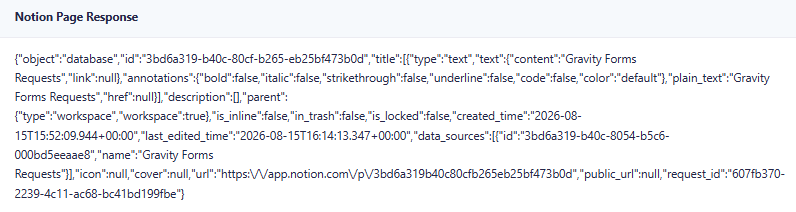 Notion Retrieve Database API response showing the data source ID for Gravity Forms Requests