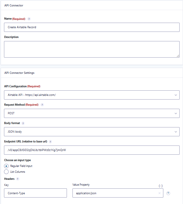 GravityWP API Connector Airtable POST feed with JSON body, Airtable endpoint, and Content-Type application JSON header