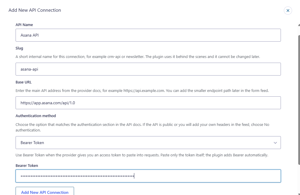 GravityWP API Connector Asana API connection using Bearer Token authentication