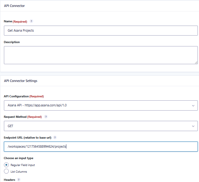 GravityWP API Connector feed retrieving Asana projects from a workspace