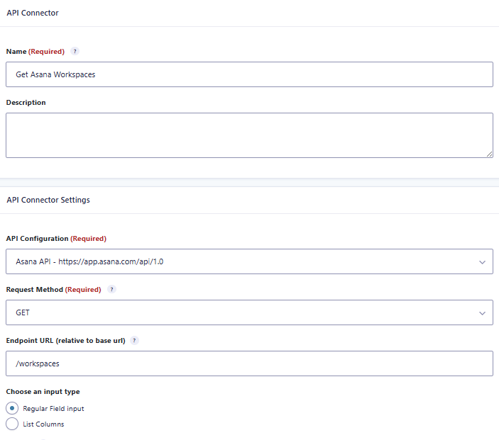 GravityWP API Connector GET workspaces feed for finding the Asana Workspace GID