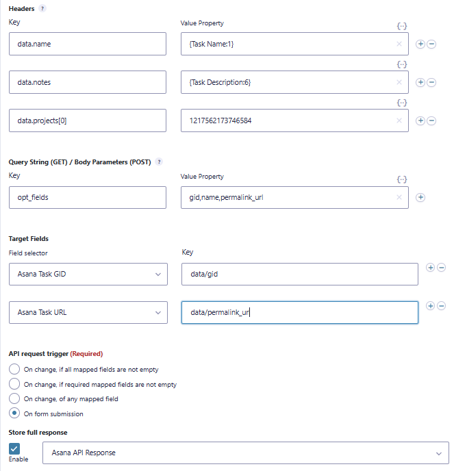 GravityWP API Connector target fields mapping Asana Task GID and permalink URL to Gravity Forms