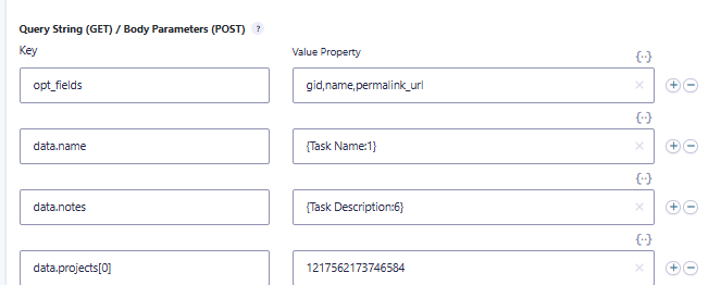 Gravity Forms to Asana JSON body mappings for task name, notes, project, and due date