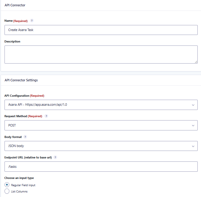 GravityWP API Connector POST feed configured to create an Asana task from Gravity Forms