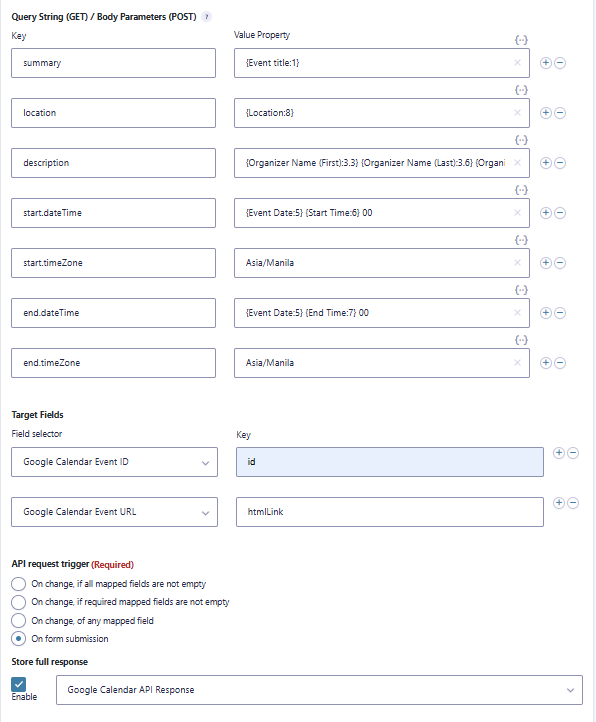 Gravity Forms fields mapped to Google Calendar event parameters in GravityWP API Connector.