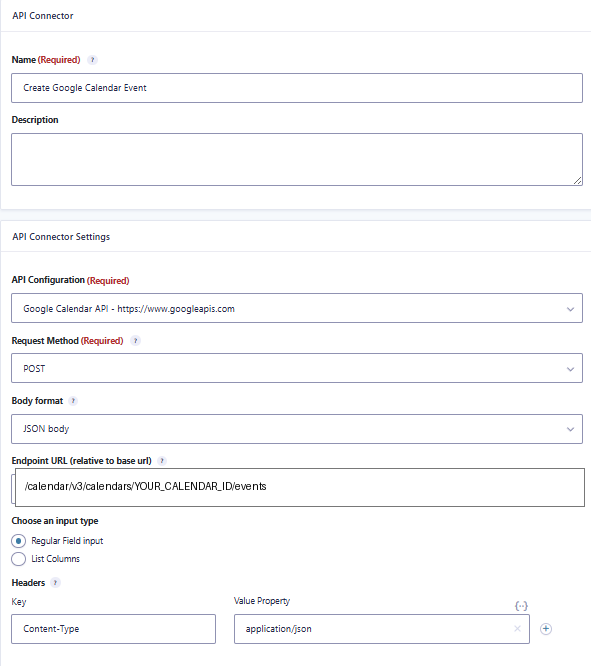 GravityWP API Connector POST feed configured to create Google Calendar events from Gravity Forms.