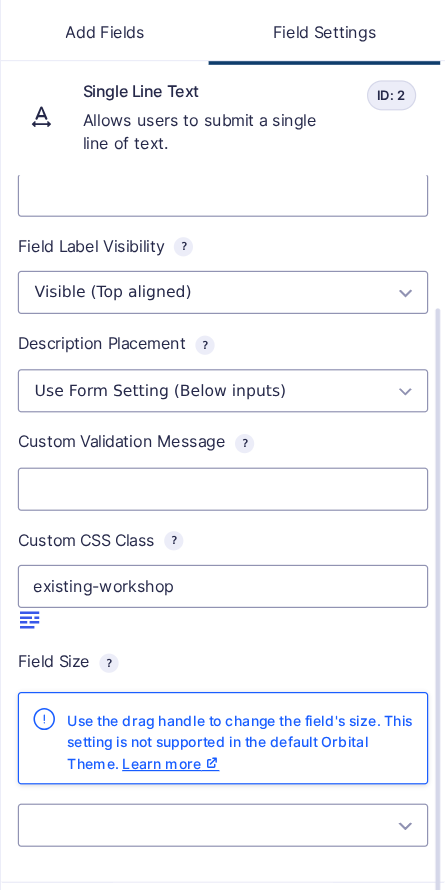 Current Gravity Forms field settings with the Custom CSS Class input and CSS Selector button