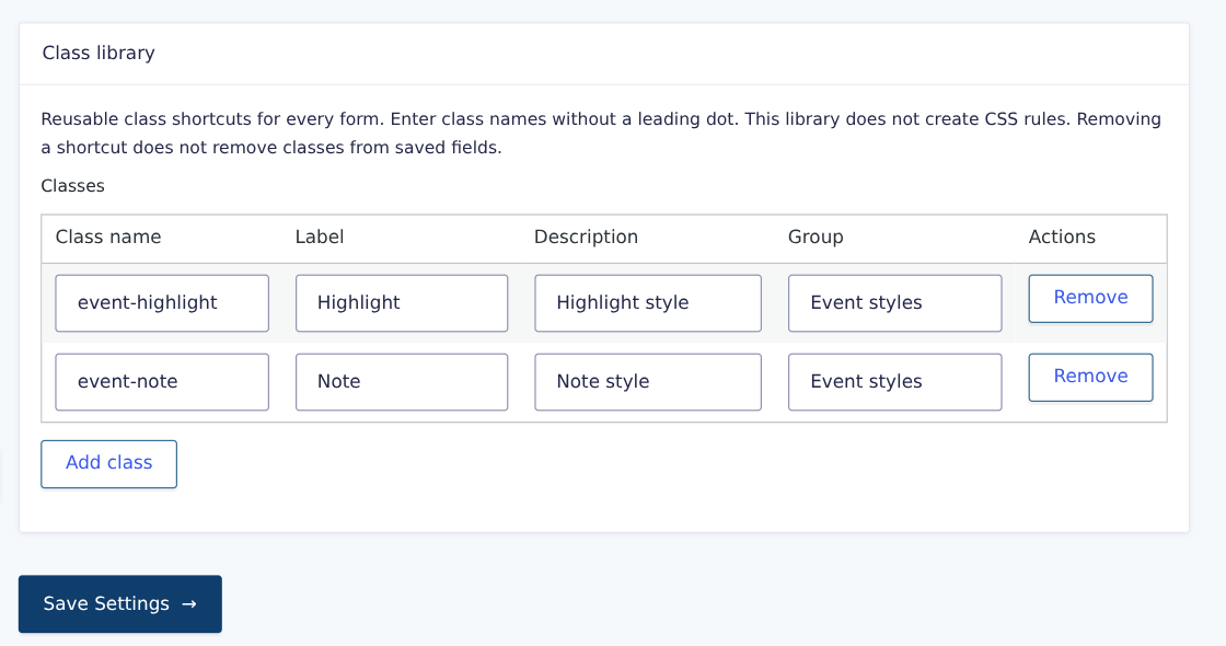CSS Selector class library with class names, labels, descriptions and an Event styles group