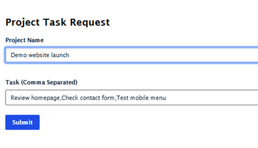 Project Task Request filled with Demo website launch and three comma-separated tasks.