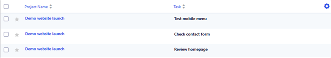 Three Project Tasks entries with separate tasks and the shared project name Demo website launch.