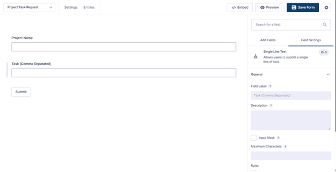 Project Task Request form with Project Name and Task (Comma Separated) Single Line Text fields.
