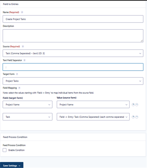 Text Field Separator set to a semicolon in the Create Project Tasks feed.