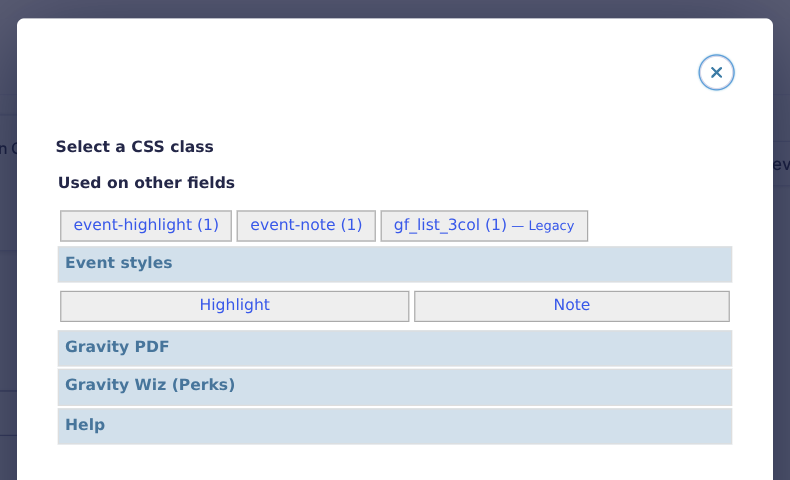 Modern CSS Selector picker showing reused field classes, Event styles custom buttons and add-on groups